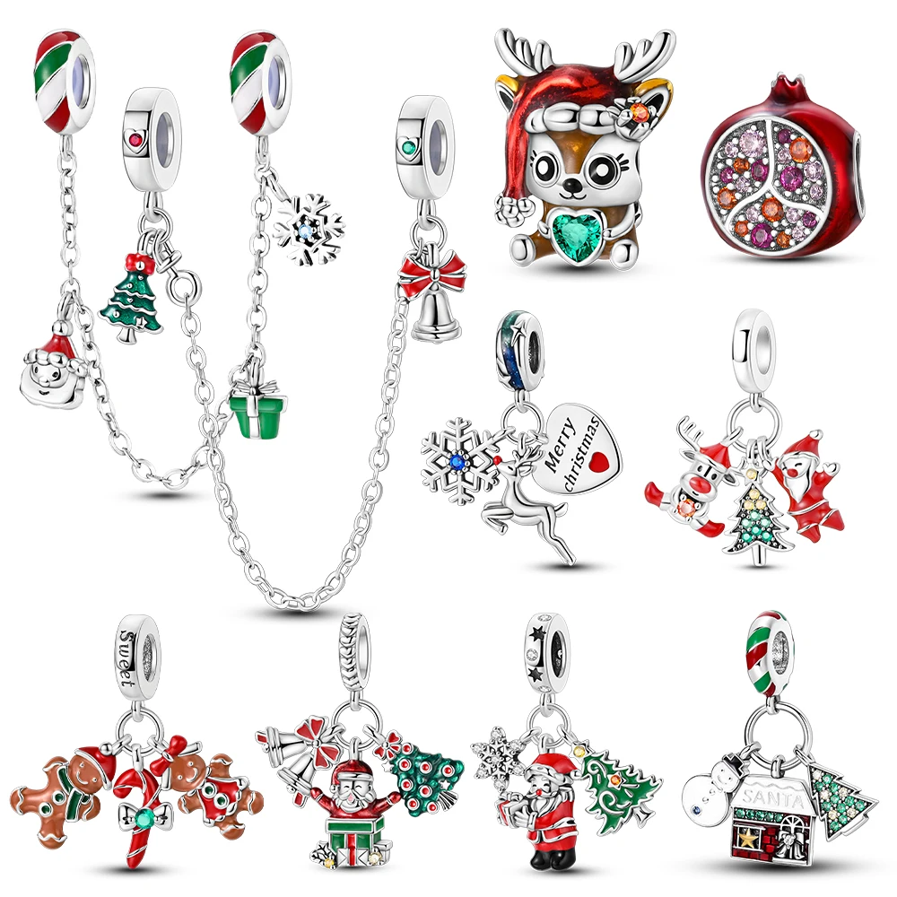 Silver Plated Charms Merry Christmas Bells Santa Claus Moose Beads Pendants Fit Original Pandora Bracelet Diy Jewelry Gift