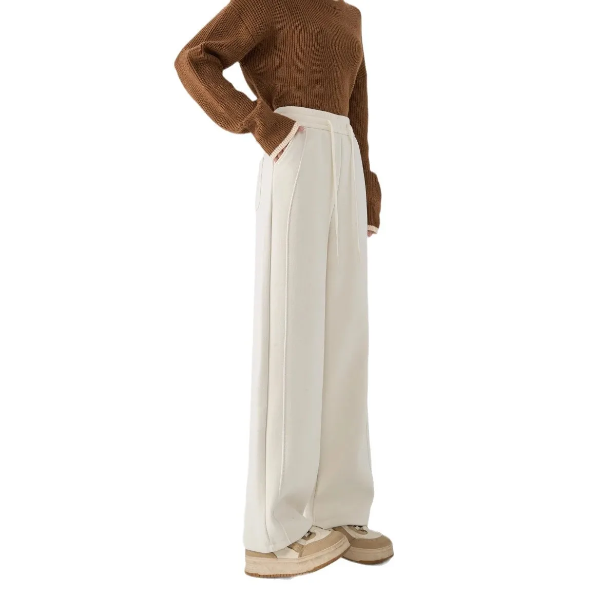 2025年 ウールシルクパンツ 縦感ストレート チューブ型 ナローバージョン ワイドレッグパンツ 冬用 ベルベット素材入り レディース