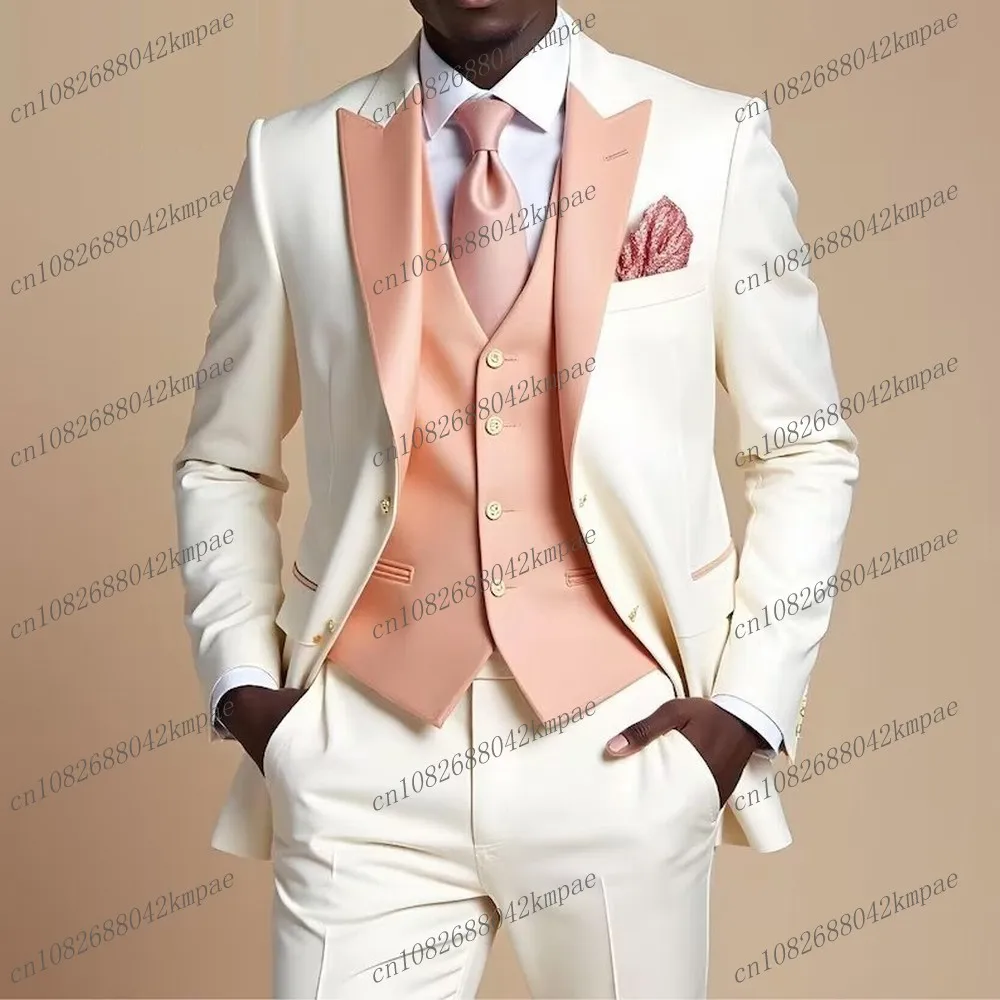 

Light Orange And White Business Formal Men Suit Groom Groomsman Wedding Party Prom Male Tuxedos 3 Piece Set Blazer Vest Pants