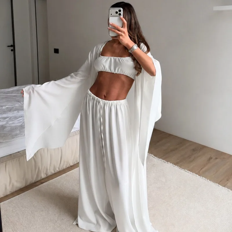 2026 Satin Ice Silk Women's Pajamas Set Long Sleeve Skin Friendly Loungewear with Trousers for Autumn Winter Comfort Robe Vest
