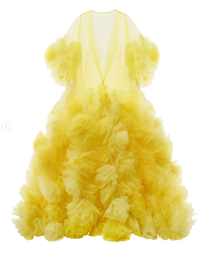 Yellow Sheer Robe Dresses Tulle Rufled Lush Prom Gowns Long Sleeves Women Dress vestidos Layered Party Dress Tiered