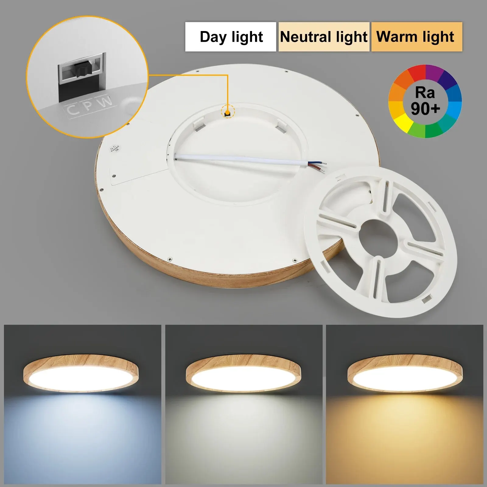 LVL LED 천장 조명 우드 그레인, 홈 조명, 주방, 침실, 욕실, 라운드 플러시 천장 램프, 3 in 1 조명 색상