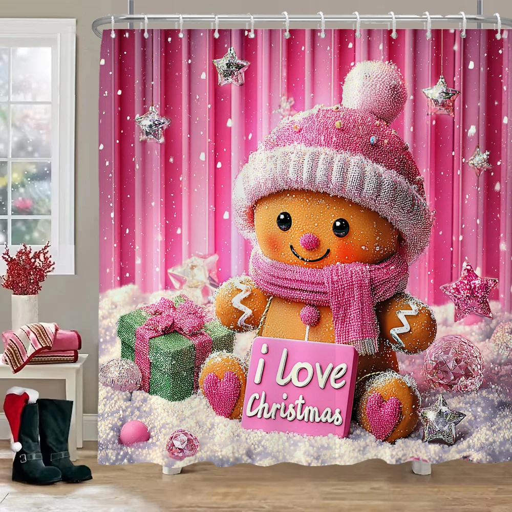 

Christmas Shower Curtain, Cartoon Gingerbread Man Bathroom Shower Curtain, Printed fabric for Home Holiday Decoration Curtain