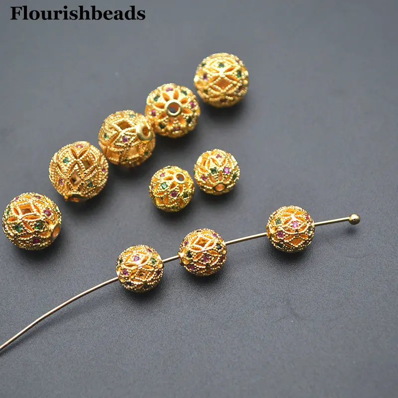 10pc Anti-rust 18k Gold Plated CZ Paved Hollow Out Metal Brass Round Jewelry Making Beads