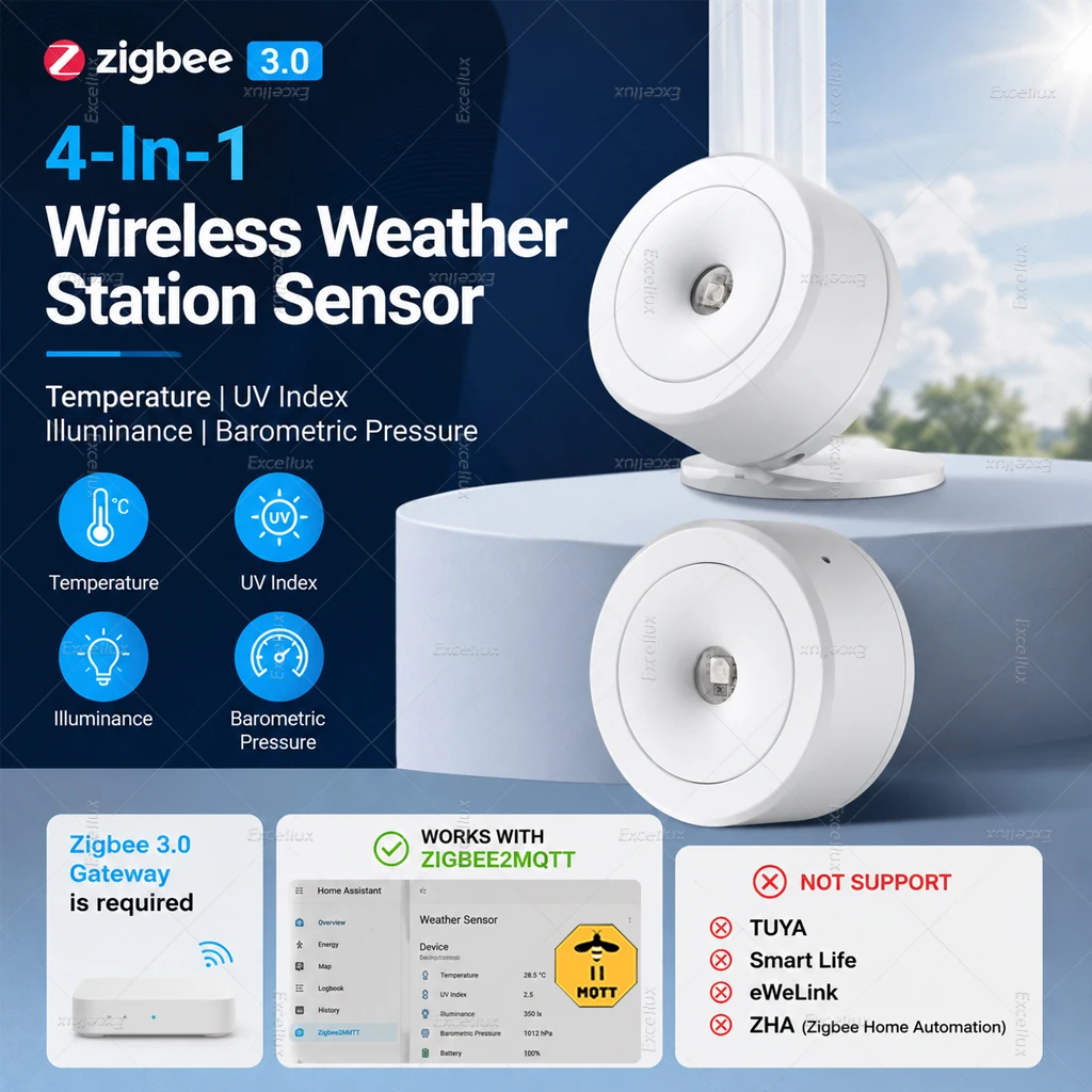 4-in-1 Wetterstationssensor Zigbee Temperatur-/UV-/Beleuchtungs-/Luftdrucküberwachung Intelligente Automatisierung Kompatibel mit Zigbee2MQTT
