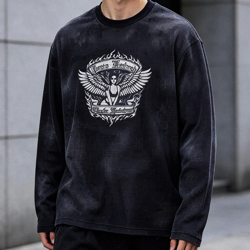 Vintage Trend Gothic Ripped Hole Long Sleeve Tee Couple Casual High‑Quality Washed Loose‑Fit T-Shirt