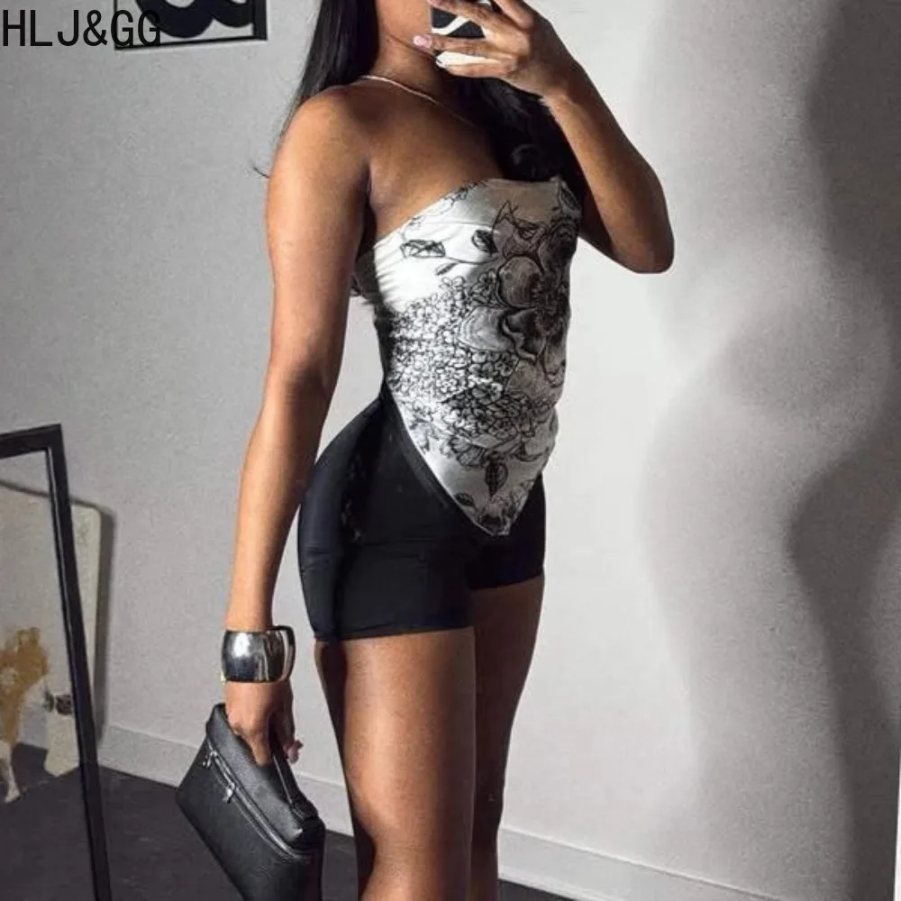 HLJ&GG Fashion Retro Print Two Piece Sets Women Off Shoulder Sleeveless Slim Crop Scarf  Top And Shorts Outfits Y2K Streetwear