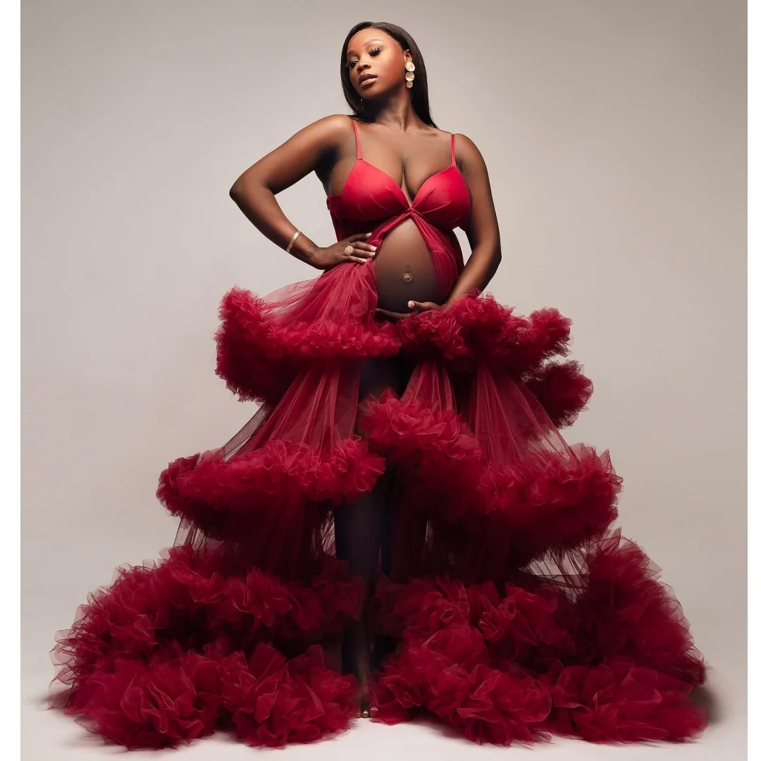 

Red Pregnant Women Prom Dresses Ruffled Tulle Maternity Photoshoot Dress Customized Tiered Boho vestido de novia with Slit