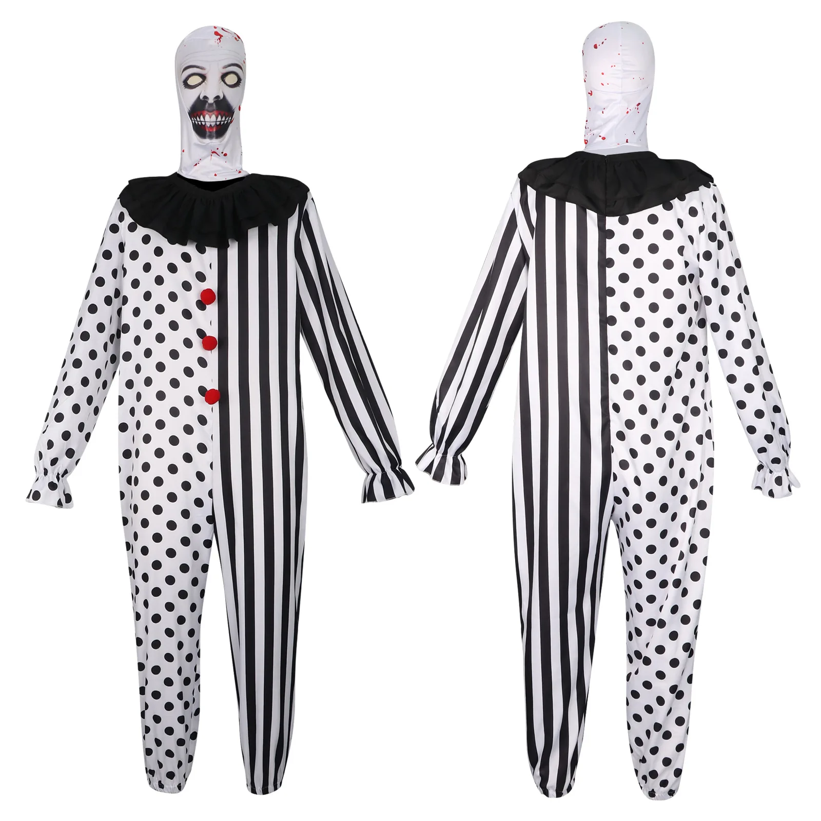 Horror-Clown-Kostüm für Damen und Herren, Overall mit Schwarz-Weiß-Streifen und Punkten, Halloween Grusel-Clown-Outfit mit Maske, Erwachsenengröße