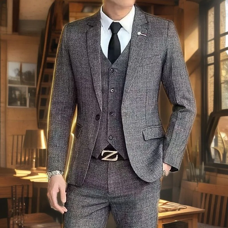Men's Three-piece Suit, Korean Style Slim Fit New Business Casual Groom's Groomsmen Suit