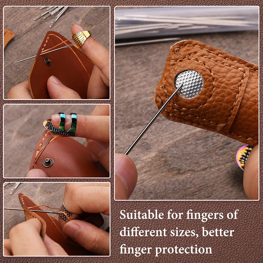 Retro Metal Sewing Thimble Ring Kit Leather Fingertip Finger Protector For Stitching Needles Accessories DIY Sewing Tool Set