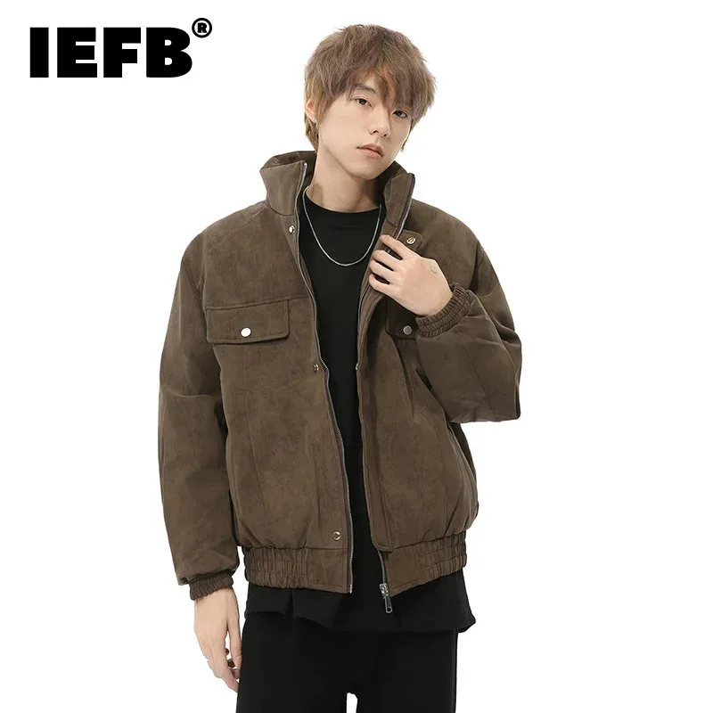 IEFB American Style Men's White Duck Down Jacket Stand Collar Cargo Tops Solid Color Loose Thickened Male Coats New 2024 9C7740