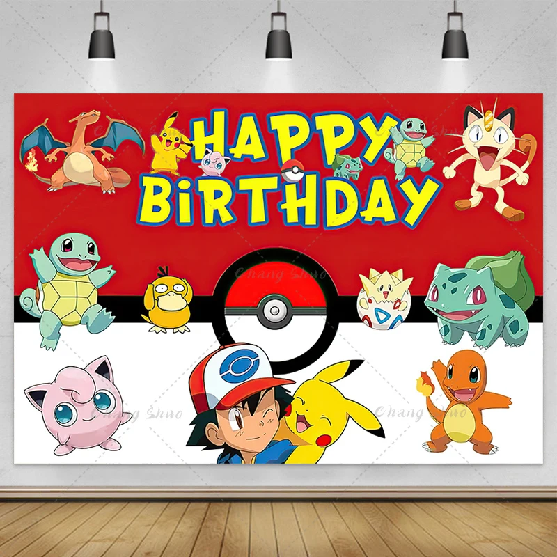 Custom Name Party Pokemon Backdrop Decoration Pikachu Theme Birthday Background for Kids Boy Baby Shower Anime Banner Poster