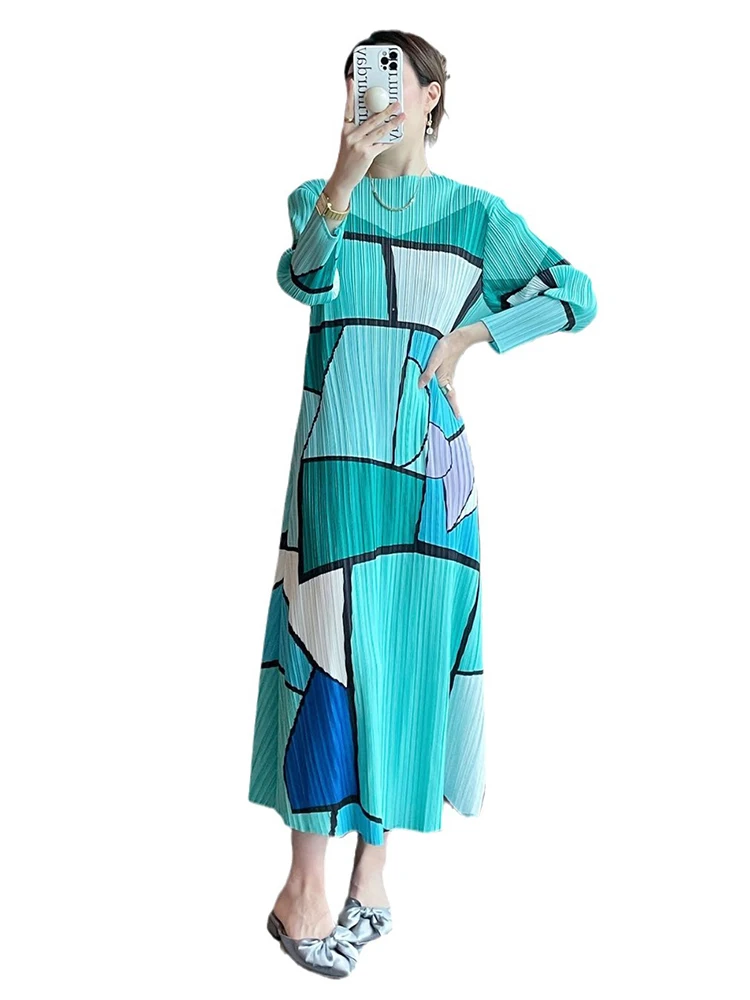 LANMREM Geometric Pattern Printed Long Dress with Sleeves Women O-neck Slim Fit Color Block Elegant Dresses 2024 Clothing 2Z1215