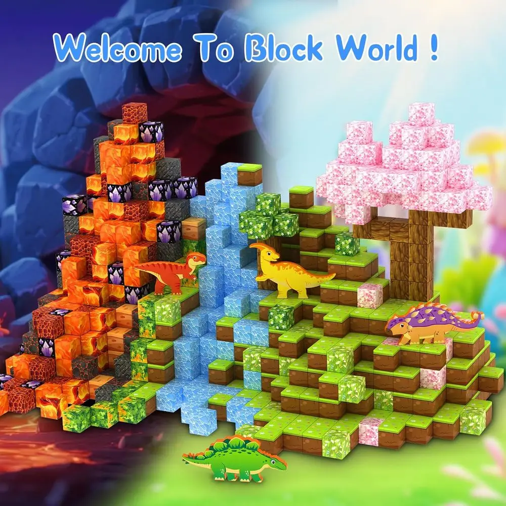 مكعبات بناء عالم الديناصورات المغناطيسية ثلاثية الأبعاد - ألعاب جذعية تعليمية للأطفال من سن 3 إلى 9 سنوات، مثالية لهدايا عيد الميلاد وأعياد الميلاد