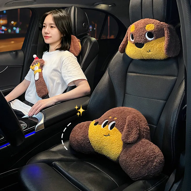 Winter Plush Car Lumbar Support Cushion Cartoon Car Seat Backrest Headrest Auto Interior Decoration