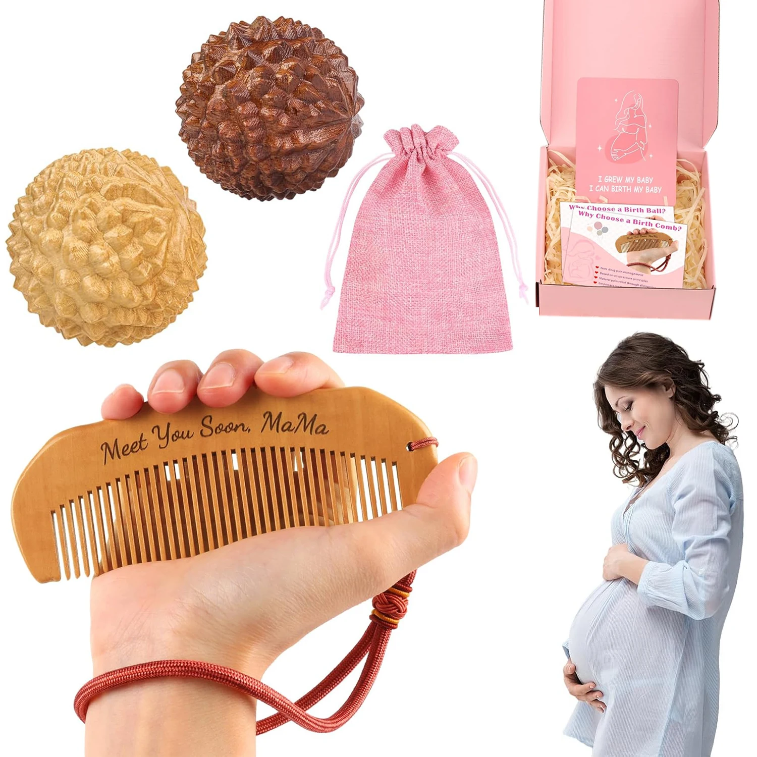 

Расческа для прикормы и массажный шарик для боли в труда, деревянная рабочая расческа с 2 шариками для акупрессуры, расческа для облегчения боли в маме
