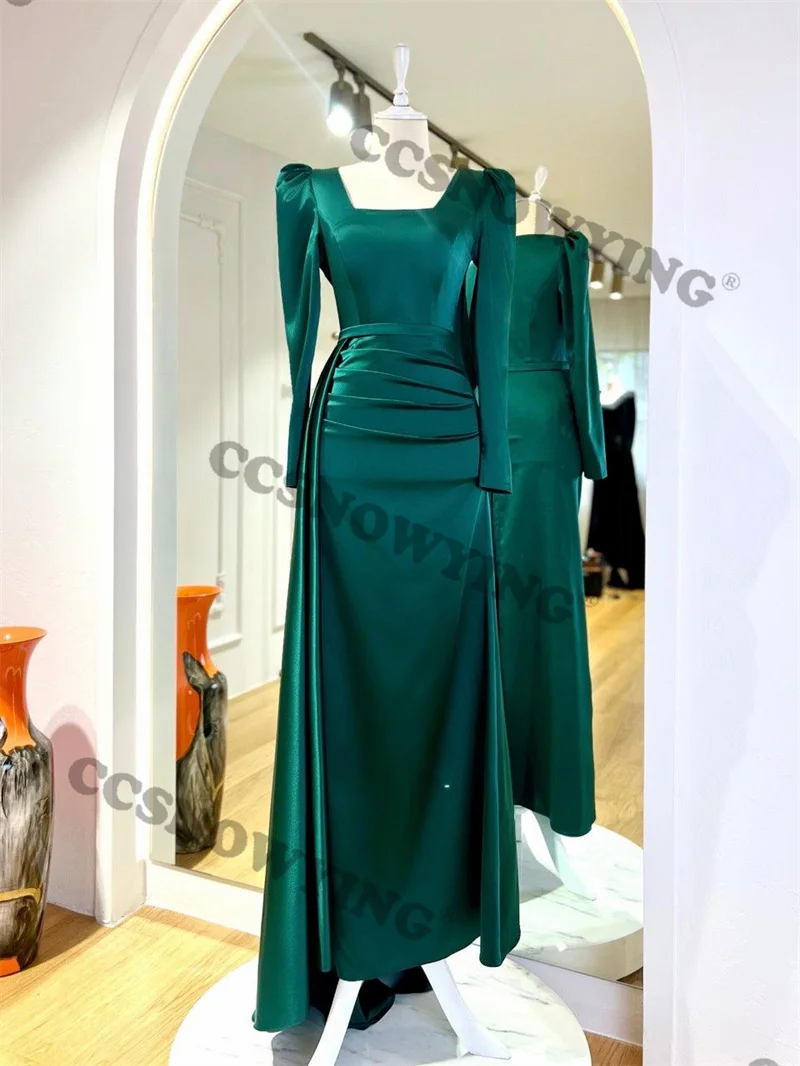 Simple Satin Muslim Evening Dresses Islamic Long Sleeve Hijab Formal Party Gown Prom Dress Arabic Dubai Women Robe De Soiree