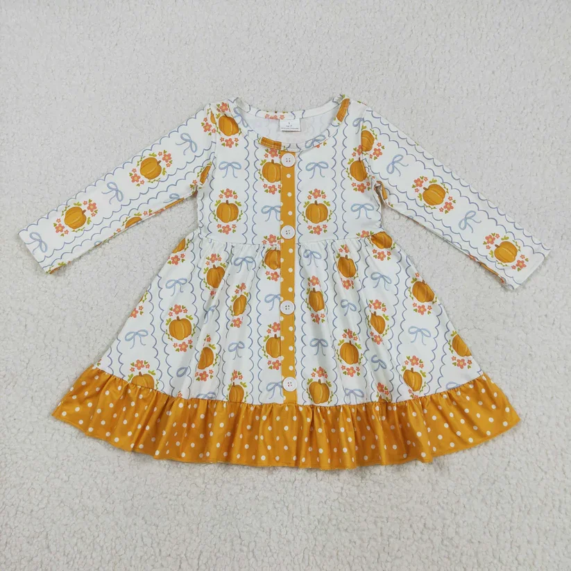 

wholesale toddler clothing Pumpkin bow Long Sleeve Dress Infant Baby Girl cute dress
