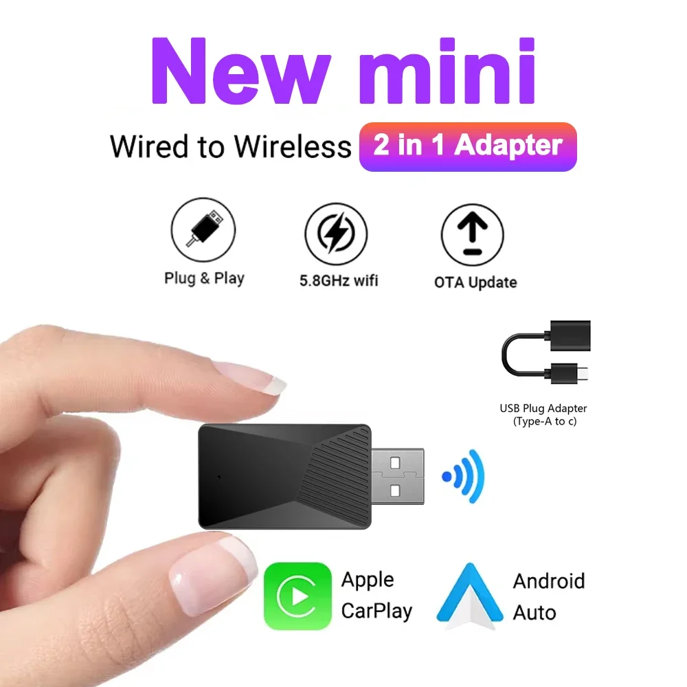 2in1 Mini Box Wired to Wireless CarPlay and Android Auto 5GHz WiFi5 Transmission Speed Plug and Play Fashionable and Portable