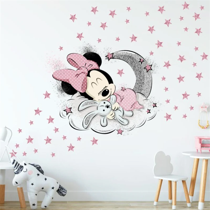 Cartoon Disney Mickey Mouse Minnie Baby Sleep Wall Sticker For Kids Room Decoration Wallpaper Cute Self-Adhesive DIY Mural Decal