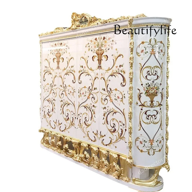 European solid wood carving flower art painted wardrobe, French court four-door large wardrobe bedroom storage