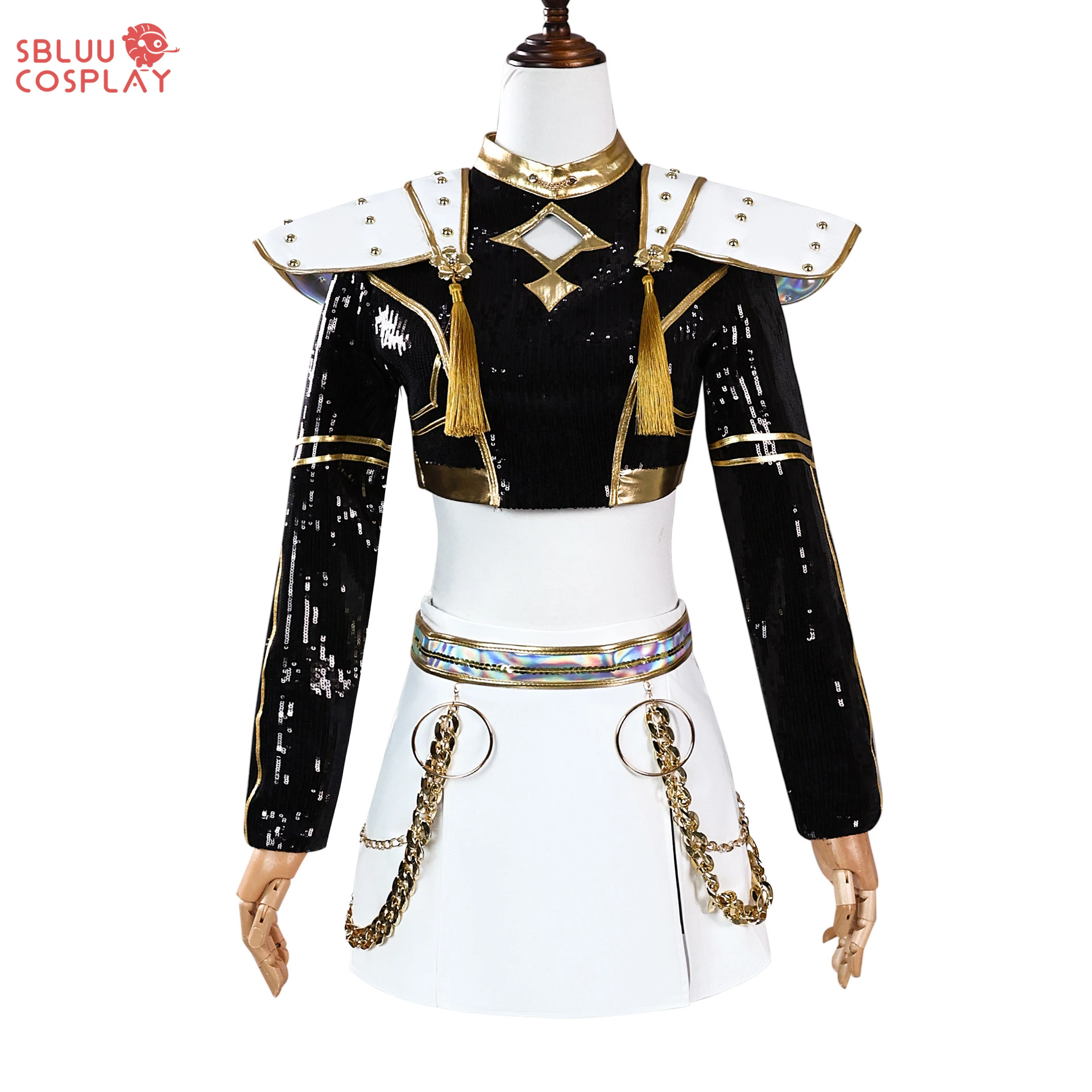 SBluuCosplay Kpop Zoey Mira Rumi Cosplay Huntrix Kostum Pemburu Iblis Wig Gaun Hitam Emas Pakaian Pesta Halloween