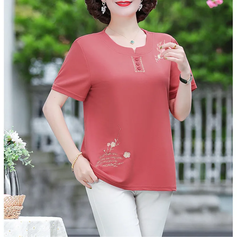 New Summer Women\'s Solid Colors O-Neck Short Sleeve Loose Plus Size Classic Embroidery Pullovers Vintage Fashion Casual Tops