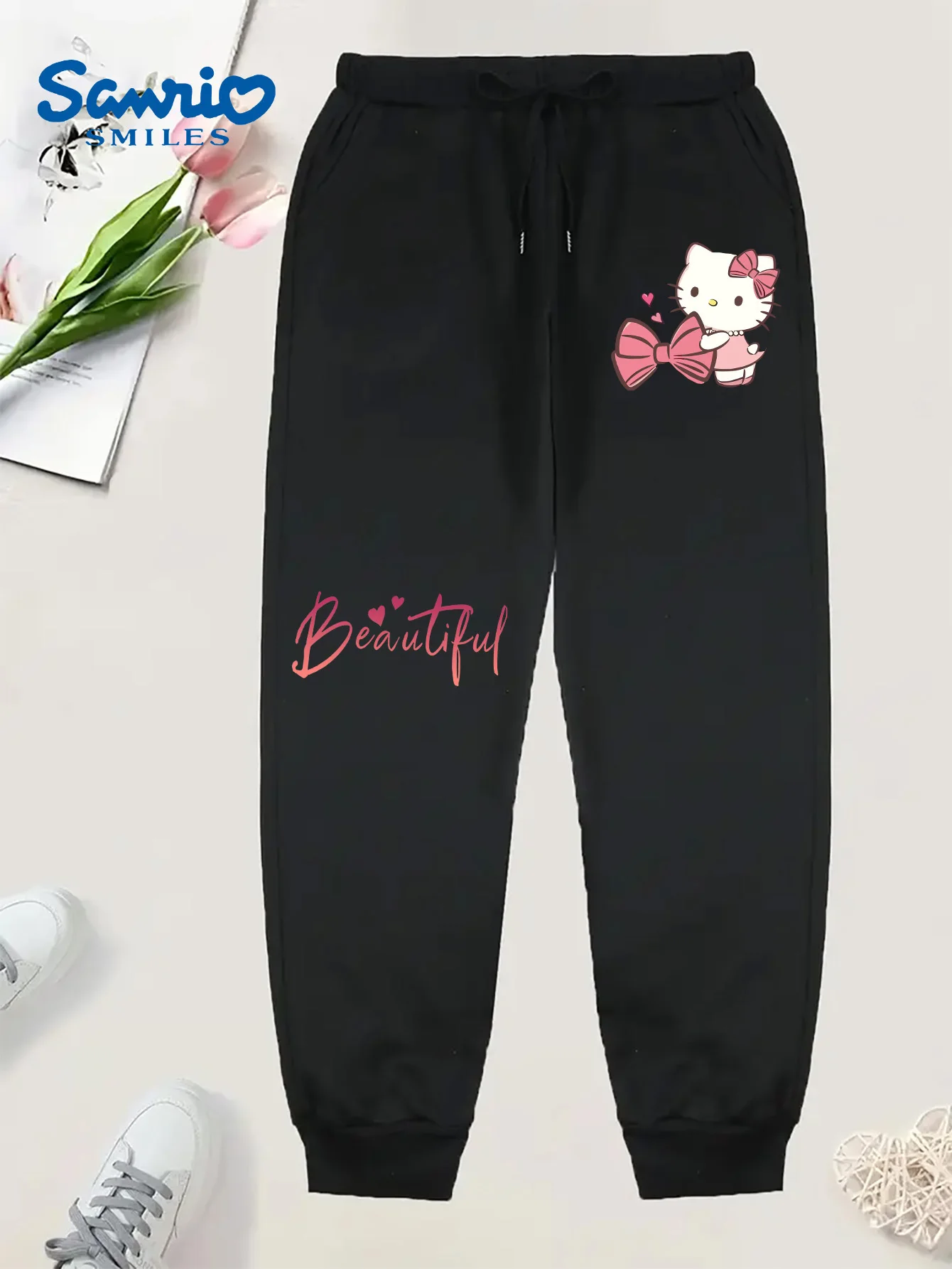

Женские повседневные флисовые спортивные штаны Sanrio Hello Kitty на осень-зиму с эластичным поясом, модная уличная одежда, универсальная
