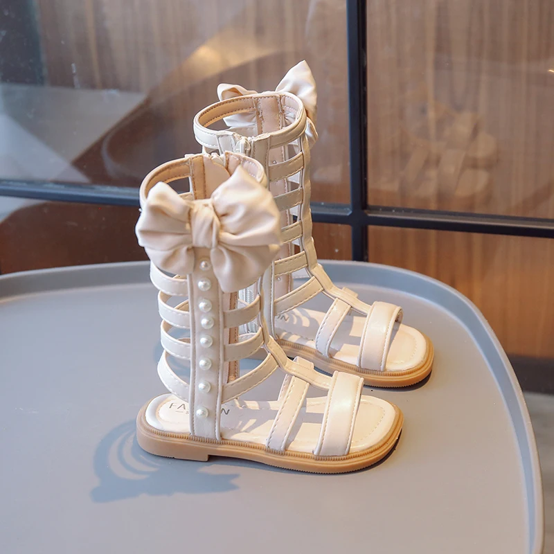 2026 New Children Sandals Girls Kids Roman Sandals Summer Soft Flat Heels High-top Bowknot Princess Fashion Beach Shoes Side Zip