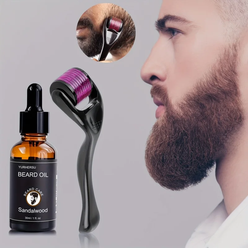 Beard Essential Oil with Castor Oil, Beard Roller for Smooth Beard, Powerful Skincare with Long-Lasting Moisturizing