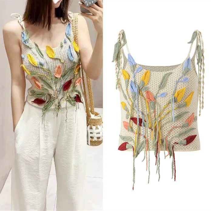 

High-End Version Summer Heavyweight Knitted Flouquet Gentle Anti-Aging Top Hand Crochet Knitted Strap Vest