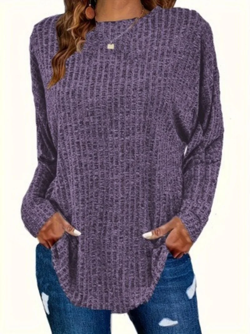 

Women's casual solid color ribbed long sleeved round neck loose knit top for autumn and winter