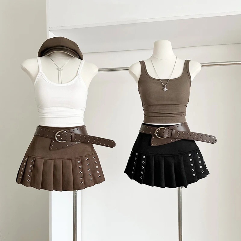 Mexzt y2k camurça mini saia feminina harajuku cinto gótico preto saias plissadas outono gyaru vintage streetwear design grunge faldas