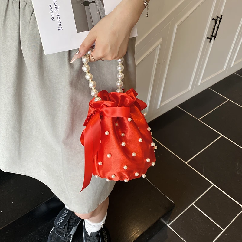 

New Women's Beaded Style Handheld Small Handbag Pearl Decorative Satin Crossbody Bag Fashion String Design Bucket Bag Summer