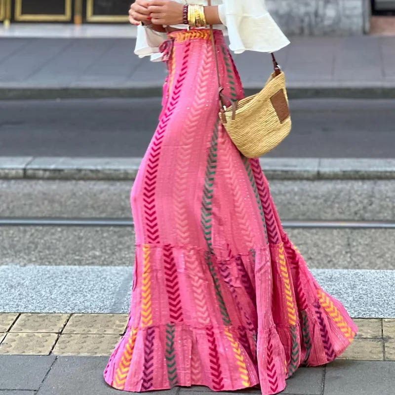 Women Elegant High Waist Beach Party Skirts 2023 Spring Summer Casual Loose Maxi Skirt Vintage Patterned Print Boho Long Skirts