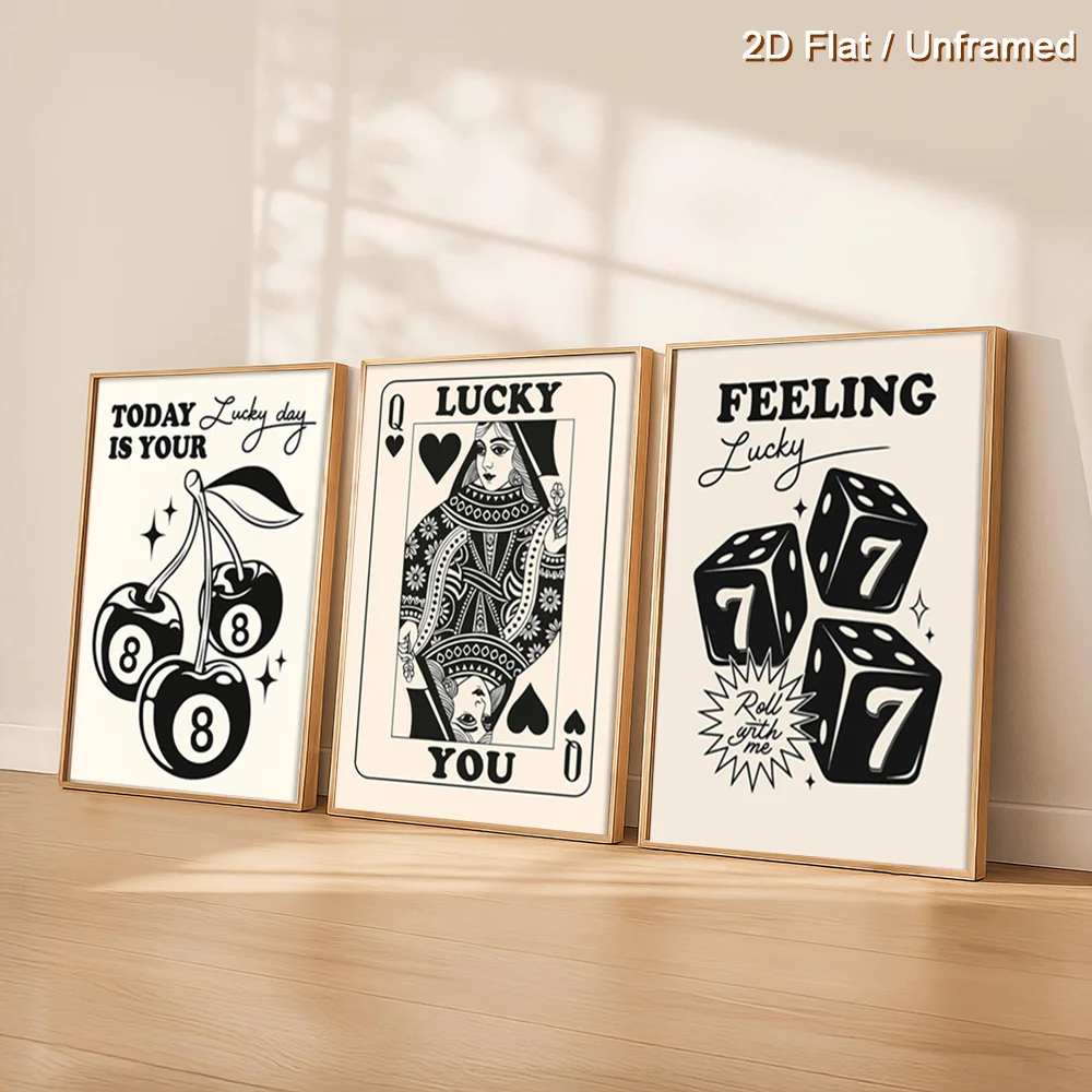 （NoFranme 3PCS）-2D Flat, 3pcs Unframed Lucky Day Art Prints, Cherry 8 Ball Wall Art Poster, Queen of Hearts Canvas Paintings,