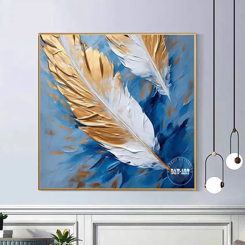 Abstract Pictures Canvas Unframed Artwork Feather Oil Painting Wall Art Golden And White Acrylic Texture Hand-painted Decoracion