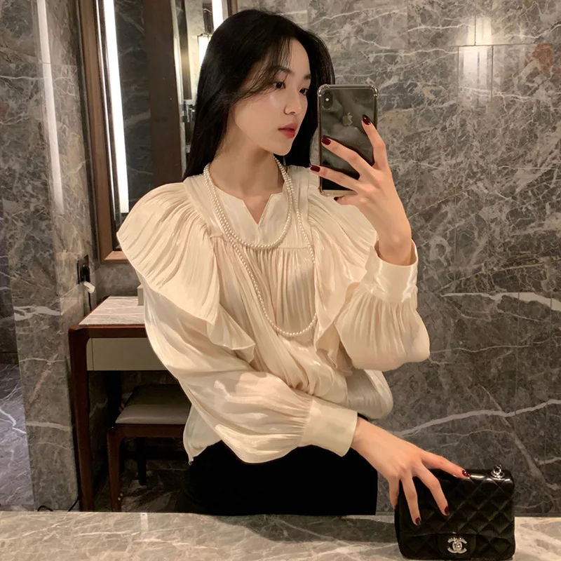 Ruffled Long Sleeve Women Blouse Office Lady Lantern Sleeve Elegant Tops Fashion New Loose Casual Shirt