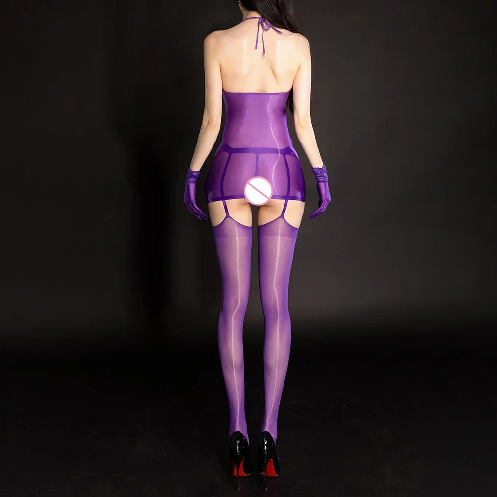 レディース新しいエロセクシーなランジェリー超薄型光沢のあるシースルーストレッチラウンジ通気性タイトヒップ中空スカート背中の開いたスーツ 2025