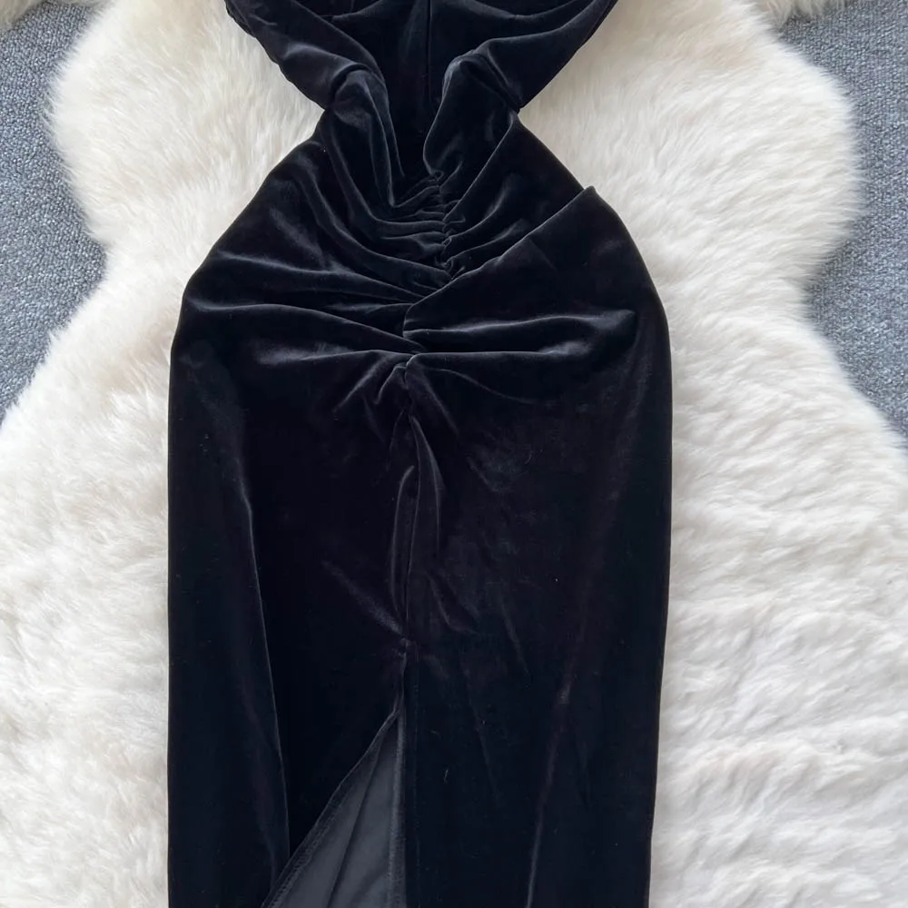Robe crayon fendue en velours, Sexy, chic, sans manches, strass, mode coréenne, vêtements de soirée pour femmes
