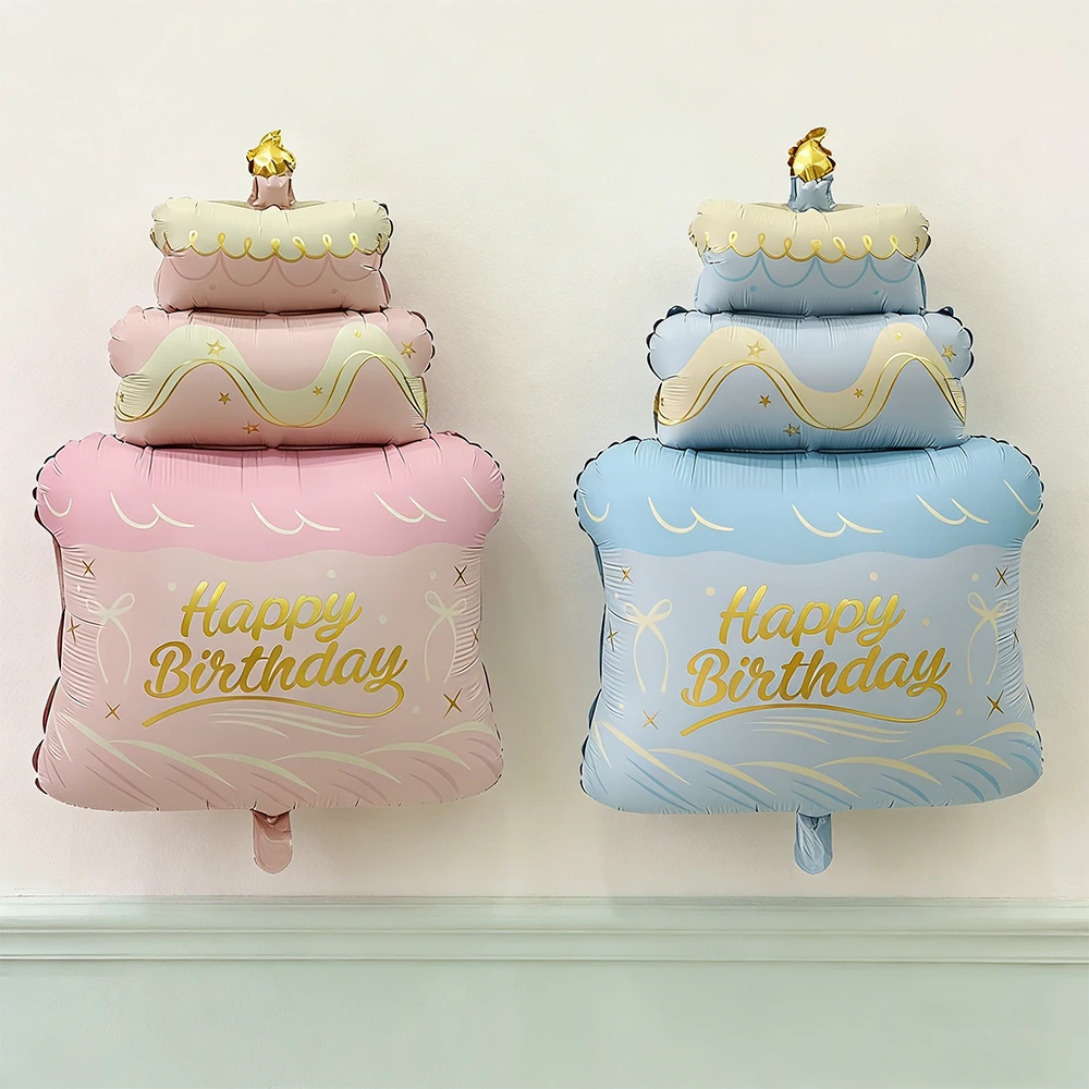 Großer Happy-Birthday-Kuchen-Ballon, Eleganter Rosa-Blauer Kuchen mit Kerzen-Ballon, Für Geburtstagsfeier-Dekoration und Geschenke