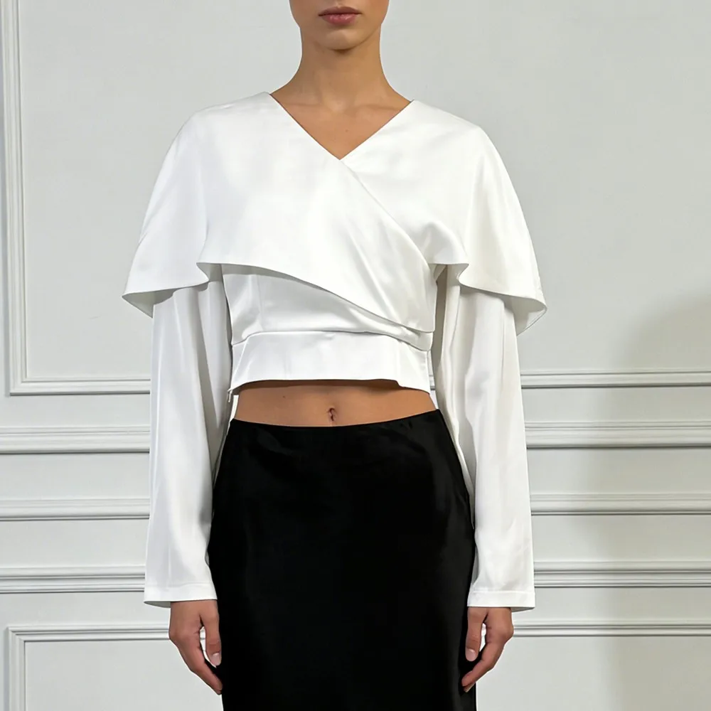 Chemisier châle minimaliste pour femmes, Cape à manches longues, col en v, chemise courte Chic, hauts élégants, esthétique, Slim, printemps été 2025
