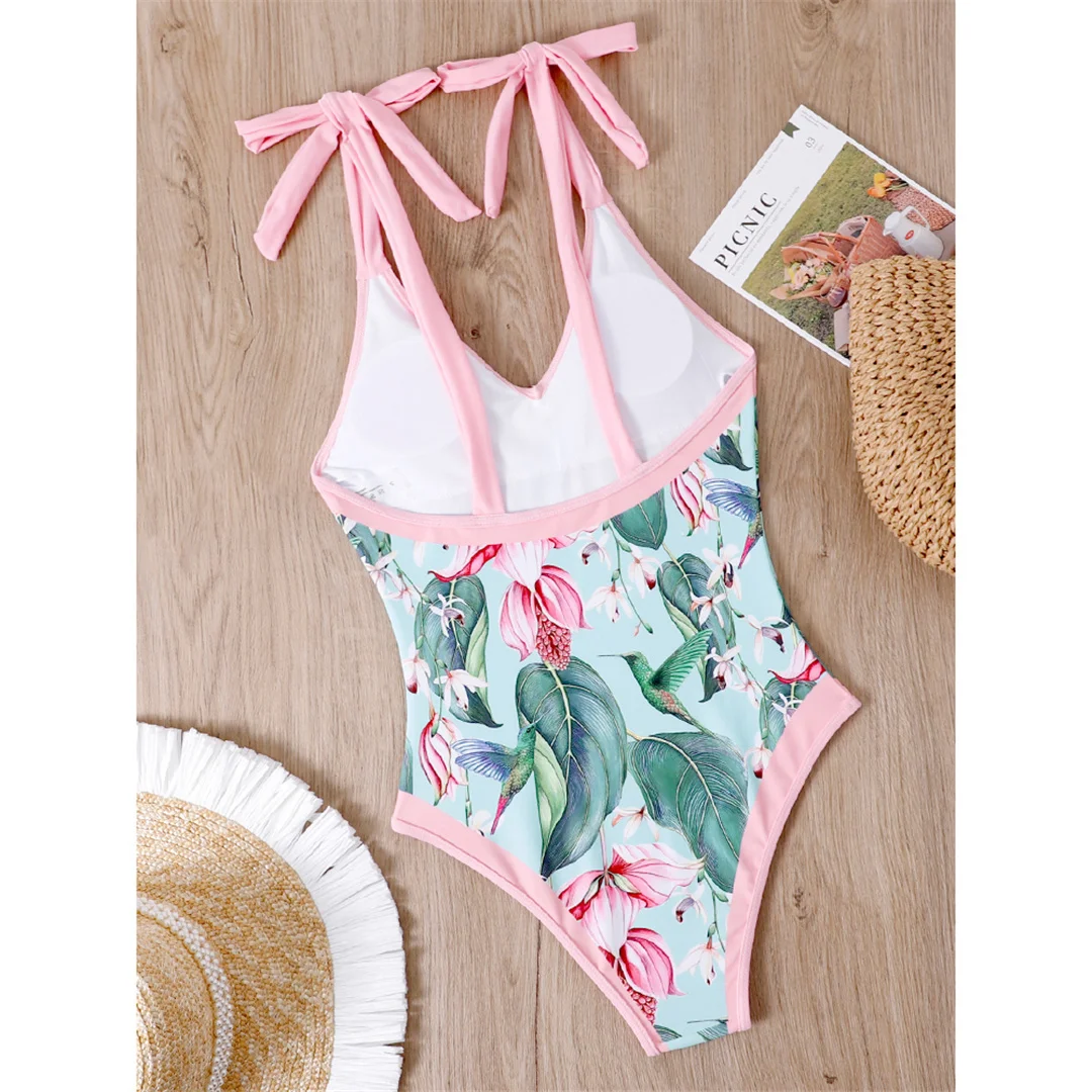 S - XL, einteiliger Badeanzug mit Blumenmuster und geknotetem Rock, Damen-Badebekleidung, Damen-Badeanzug mit Blumenmuster, V-Ausschnitt, Badeanzug, Modell V3965. – Detail 35