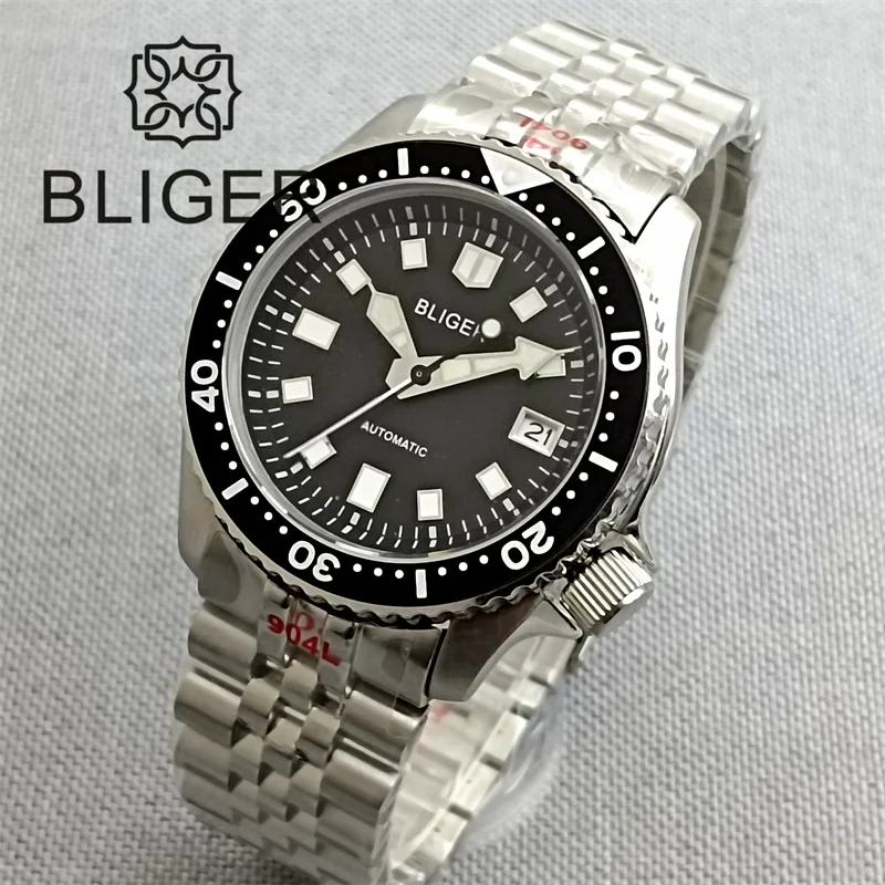 BLIGER 41mm Watch For Men NH35 Automatic Dive Watch Chapter Ring 3.8 Crown Sapphire Glass Black Dial Green Luminous Waterproof