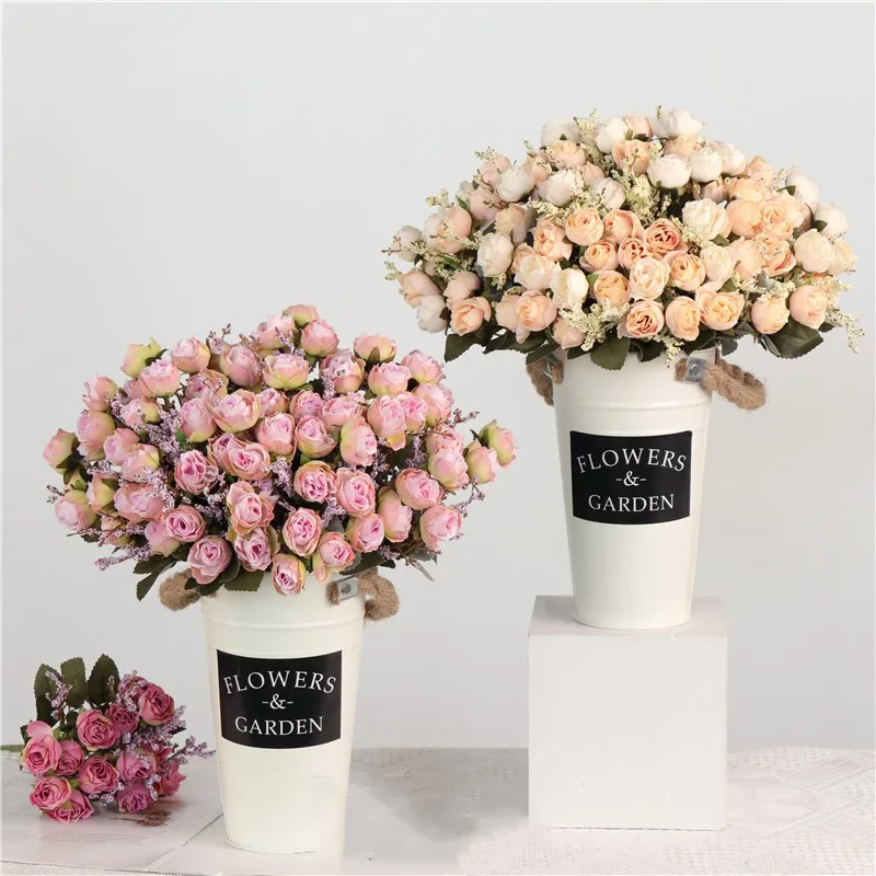 YO CHO Artificial Silk Rose Flower for Girl  Wedding Mini Bouquet  DIY Home Party Decoration  15 Heads  Champagne Blue