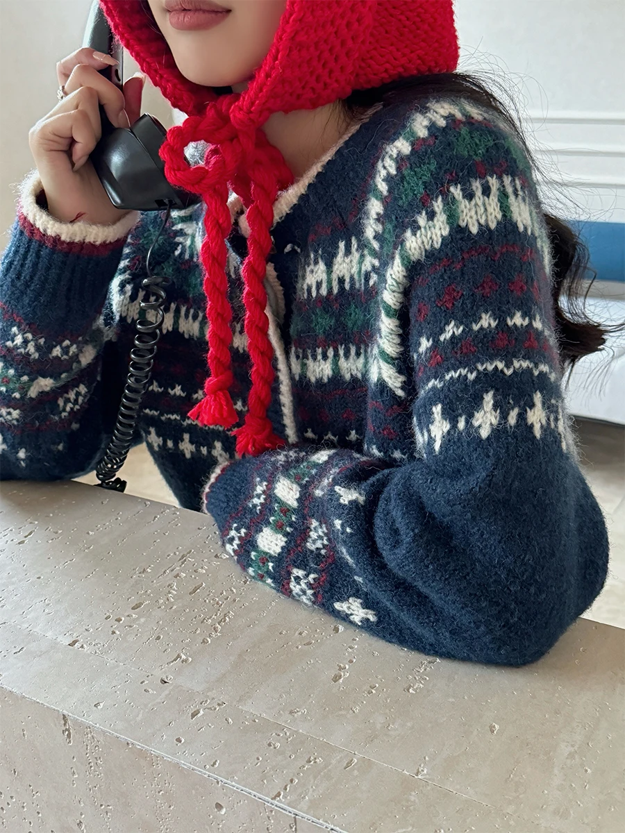 

Uniko Nordic Sle Fair Isle Knit Sweater Coat Women's Autumn Winter Vintage Loose round Ne Lazy Sle Open Cardigan