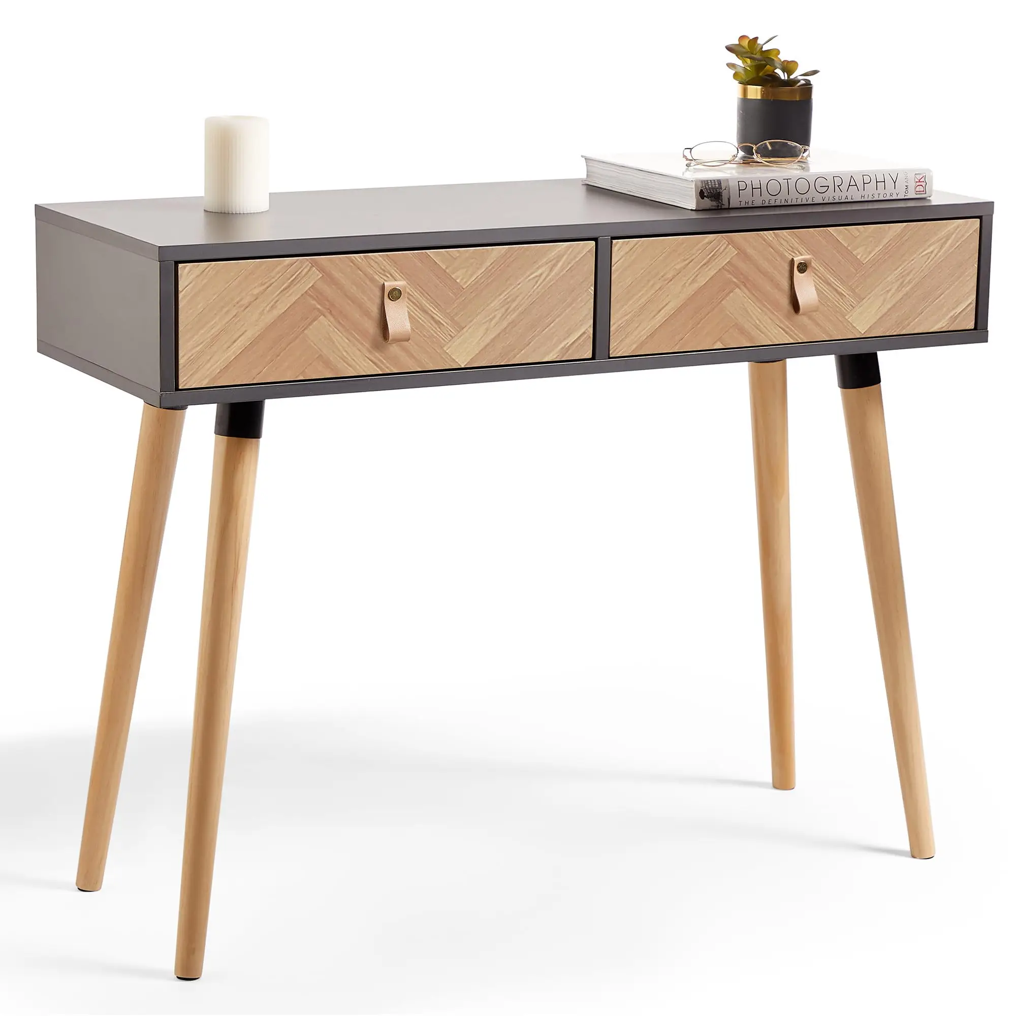 

！@Modern Grey & Wood Effect 2-Drawer Console Table Scandi Style Entryway Hall Table Sleek Living Room Furniture