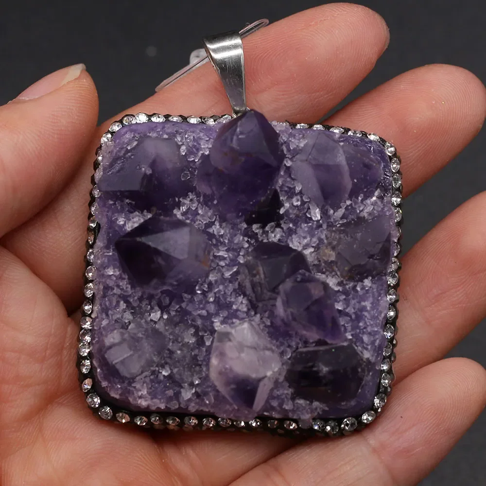 Natural Amethysts Druzy Diamon-Studded Pendants Square Charms Pendants for Jewelry Making DIY Necklace Accessories