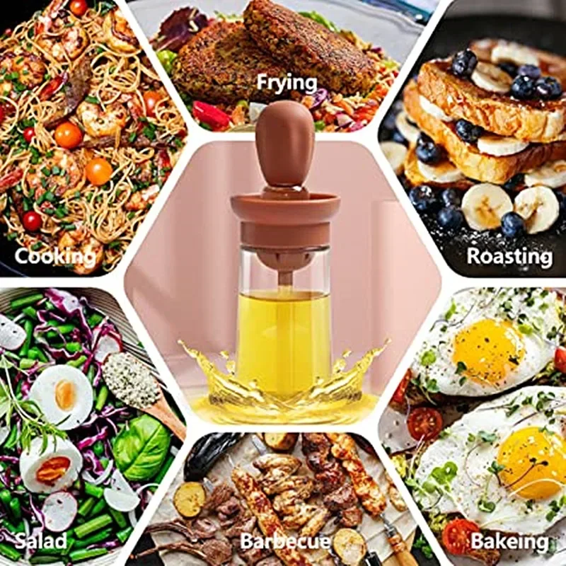 Kitchen Oil Bottle with Brush Silicone Glass Oil Container with Brush Barbecue Spray Bottle Oil Dispenser Cooking Kitchen Tools